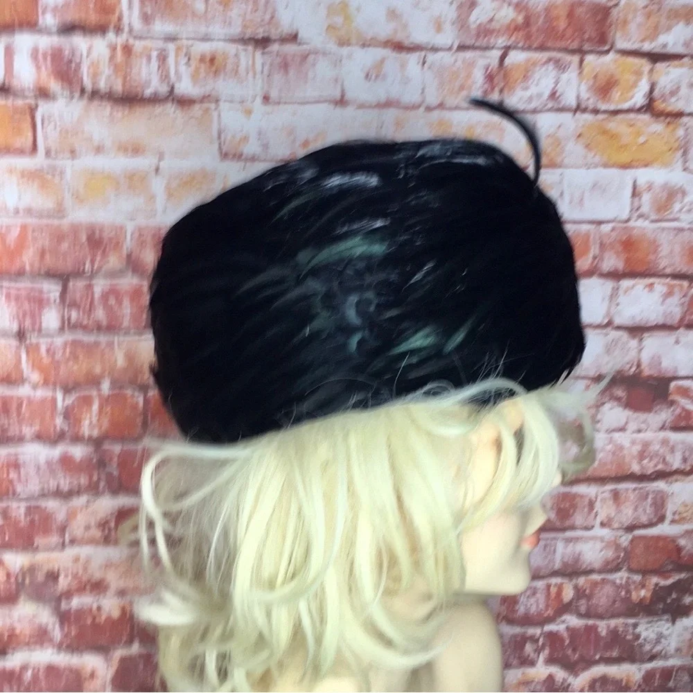 Vintage MCM Mr. John's Black Iridescent Feather Toque Hat in Original Box